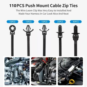 110 PCS Automotive Installation Black Push Mount Cable Zip Ties Assorted Sizes ^ - Foto 1 di 6