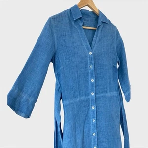 120 % Lino blau Midi Hemd Kleid Gürtel Binde Taschen Knopfleiste XS 40 6 8 Leinen 120 % - Bild 1 von 12