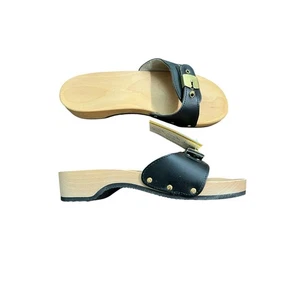 Dr. Scholl's The Original Wooden Sandals Slides Black Leather Size 8 Italy New - Picture 1 of 12