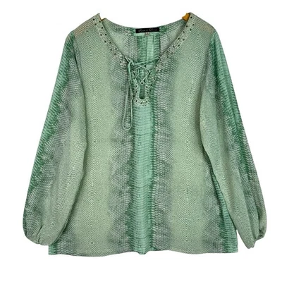 Rose & Olive女式1X绿色蛇纹印花衬衫系带领长袖波西米亚 — 第 1/4 张图片