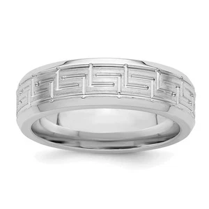 6mm Rhodium Plated Sterling Silver Brushed Greek Key Beveled Edge Band - Picture 1 of 7