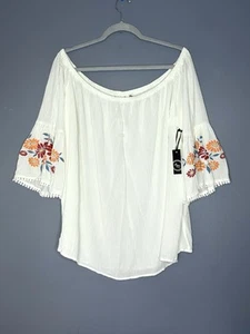 Liberty Love Floral Embroidered Peasant Blouse Women's 3X Boho Festival White - Picture 1 of 9