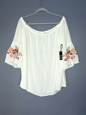 Liberty Love Floral Embroidered Peasant Blouse Women's 3X Boho Festival White - Image 1 of 4