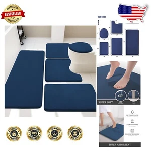 Dark Blue Non-Slip Thick Bath Mat Set - 5 Memory Foam Rugs for Ultimate Comfort - Picture 1 of 7