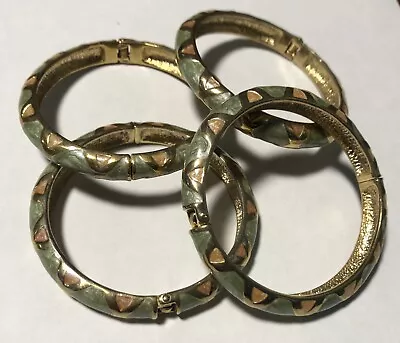 Gorgeous Set of Four Vintage Brass & Enamel Hinged Bangle Bracelets - Image 1 of 4