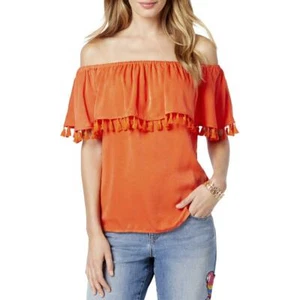 INC Popsicle Off-The-Shoulder Satin Tassel Top Cosmic Orange, Small #4054 - Picture 1 of 5