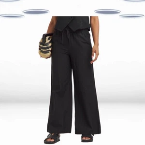 Ex Simply Be Women's Plus Size Linen Mix Wide Leg Trousers in Black - Picture 1 of 5