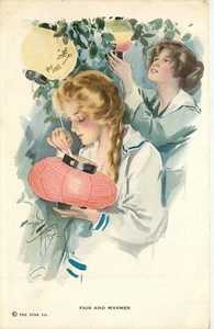Harrison Fisher S/A Postcard Fair And Warmer Girls With Japaense Paper Lanterns - Picture 1 of 2