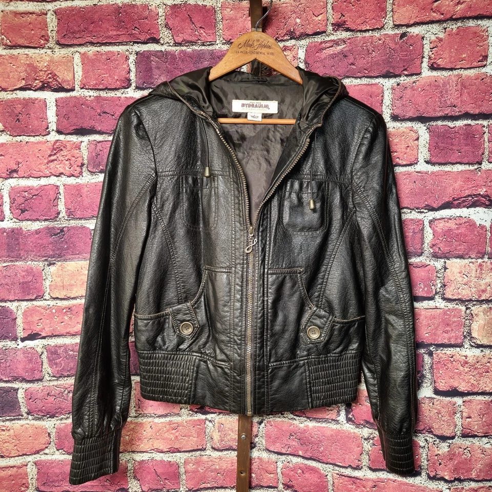 HYDRAULIC Black Faux Leather Moto Jacket Hoodie Sz Large - Image 1 of 4