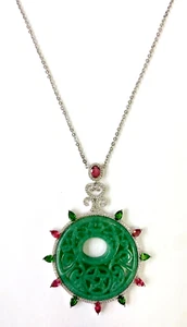HSN Rarities Sterling Carved Green Aventurine & Multi-Gem Pendant with Necklace - Picture 1 of 9