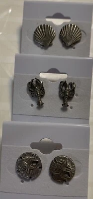 Juego de 3 pares de pendientes de peltre concha marina cangrejo arena dólar playa Foto 1 de 4