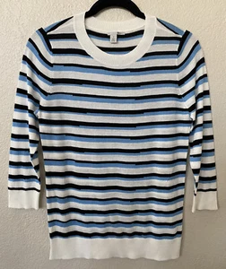 New HALOGEN Crewneck Sweater Three-quarter sleeves In White W/stripes Size PS - Picture 1 of 10