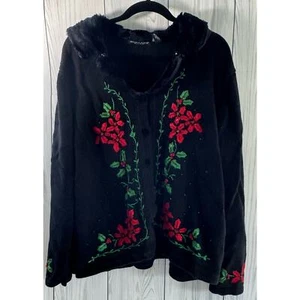Vintage Women’s Holiday Knit Sweater Black W/Poinsettias Faux Fur 2XL (READ) - Picture 1 of 7