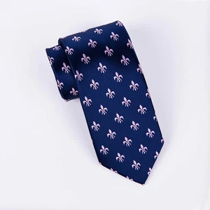 Pink Fleur-De-Lis Navy Blue 3" Inch Tie 8 CM Woven Necktie Floral Design Style - Picture 1 of 6