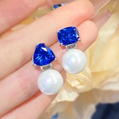 New Spinel Blue Topaz White Pearl Gemstone Charm Women Girl Silver Stud Earring - Image 1 of 4