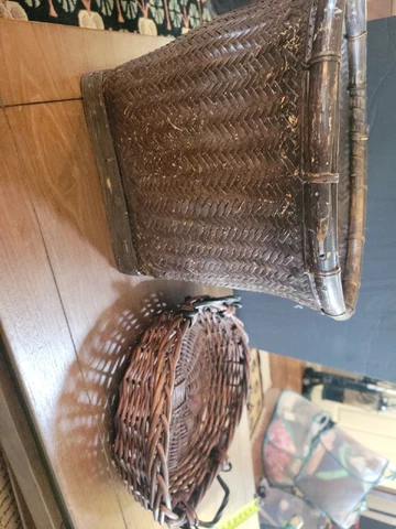 2 Vintage Dark Wicker Rattan Baskets Wrought Iron Handles Cover