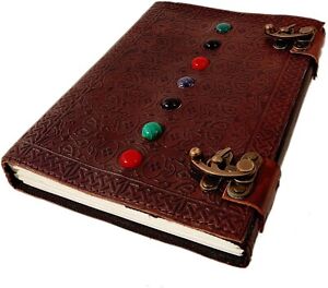 Leather Book of Shadows Journal with Chakra Gem Stones (Brown Double Lock)