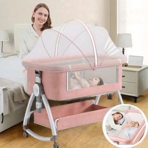 Culla da Viaggio Pieghevole per Bambini Comodino Culla con Ruote, Rosa - Foto 1 di 12
