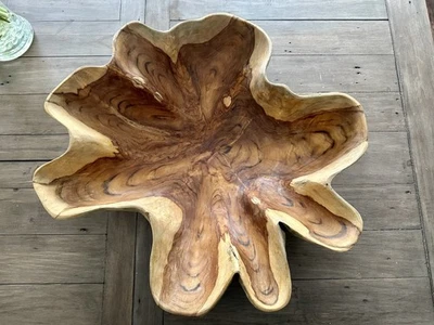 Large Wooden Bowl Teak Root Fruit Sweets Nuts Dish Handcarved Scalloped Edge  - Image 1 of 4