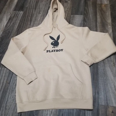 PlayBoy Hoodie M Beige Super soft Black Icon Fleece Interior Discolored Spot - Image 1 of 4