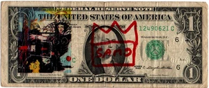 Jean Michel Basquiat  1 Dollarnote Original SIGNIERT + SKIZZIERT + US - Stempel - Bild 1 von 4