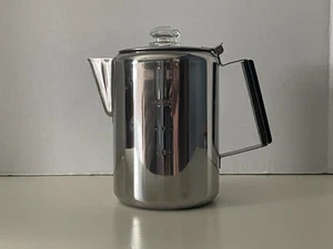 Vtg Stainless Steel Nine Cup Camping Coffee Pot Percolator Wood Handle Glass Top - Picture 1 of 21