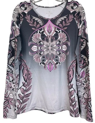 Athleta MEDIANO ALTO Top Deportivo Gris Rosa Estampado BOHO Manga Larga Elástico Foto 1 de 4