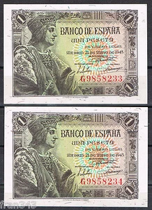 PAREJA DE BILLETES 1 PESETA 1943 FERNANDO EL CATÓLICO Serie G Pick 126 SC UNC - Imagen 1 de 1