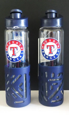 TWO (2) TEXAS RANGERS 23 oz GLASS WATER BOTTLES WITH SILICONE SLEEVE (CLOSEOUT) Cover