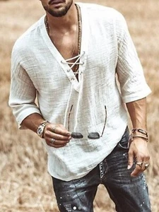 Men's Casual Cotton Linen Shirt Short Sleeve V Neck Lace Up Hippie Beach Tee Top - Picture 1 of 8