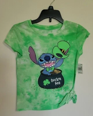 NUEVA Camiseta Disney Lucky Me Stitch Niñas Pequeña (4/6) Verde Lentejuelas Doradas St. Pat Foto 1 de 4