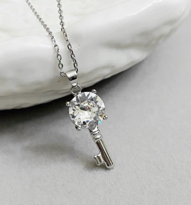 18KGP White Gold Made with Swarovski Elements Crystal Key Pendant Necklaces - Image 1 of 4