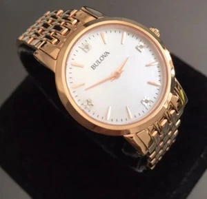 Ladies Genuine Bulova Diamond Gallery 97P106 Rose Gold Mop Designer Slim Watch - Picture 1 of 11