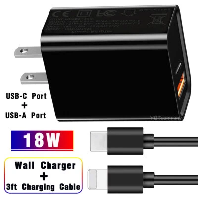 18W 2-Port Wall Charger Fast Charge Plug+Cable For iPhone 14 Pro Max Plus iPad 9 - Image 1 of 4