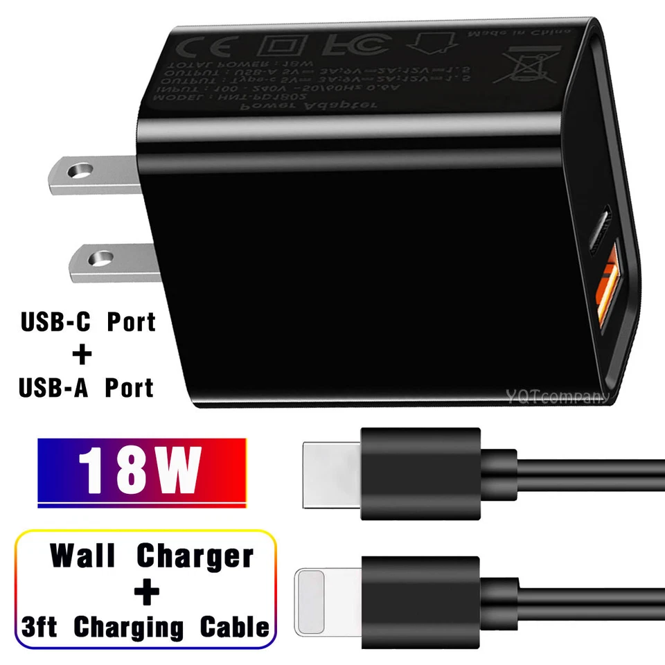 18W 2-Port Fast Wall Charger Plug+Cable For iPhone 13 Pro Max Mini iPad 9 Air 3 - Image 1 of 4