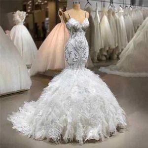 Sexy Mermaid Wedding Dresses Spaghetti Strap Feather Lace Applique Bridal Gowns - Picture 1 of 9