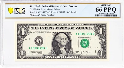 2003 $1 FRN Boston PCGS 66 PPQ Gem UNC Fr.1928-A Serial A12341234C - Image 1 of 2