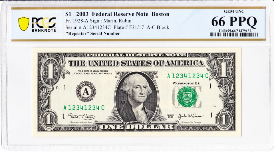 2003 $1 FRN Boston PCGS 66 PPQ Gem UNC Fr.1928-A Serial A12341234C - Image 1 of 2