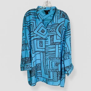 Ali Miles Size Large Printed Tiffany Blue Tunic Button Up Collared Grandma Artsy - Picture 1 of 9