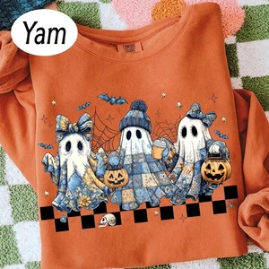 Retro Halloween blau Denim Boo Geist Sweatshirt, Herbst Kürbis gruseliger Pullover - Bild 1 von 12