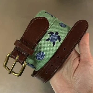 Smathers & Branson Belt Men's 34 Leather Cotton Needlepoint Turtle Green 36.75" - Picture 1 of 21