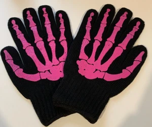 SKELETON GLOVES PINK Bones Print (Halloween Goth Costume Horror) - Picture 1 of 2