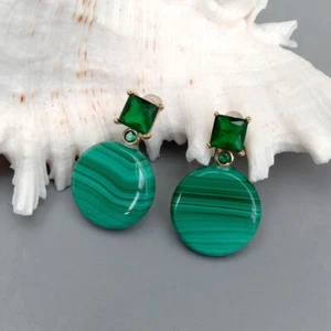 Pendientes de tachuelas en forma de moneda de malaquita verde natural piedras geométricas naturales - Imagen 1 de 6