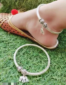 Indian Silver Plated Oxidised Elephant Locket Style anklet set for women & girls - Picture 1 of 1