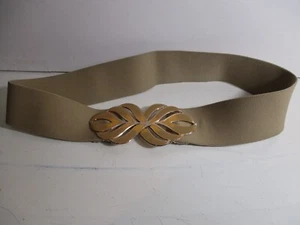 Vintage Womens Wide Strech Cummerbund Belt Tan w Tan & Gold Enamel Buckle 30" - Picture 1 of 13