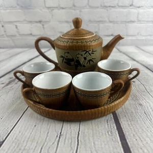 RARE! VINTAGE QING DYNASTY BAMBOO WEAVE OVER PORCELAIN PANDA TEA SET EXCELLENT! - Picture 1 of 13