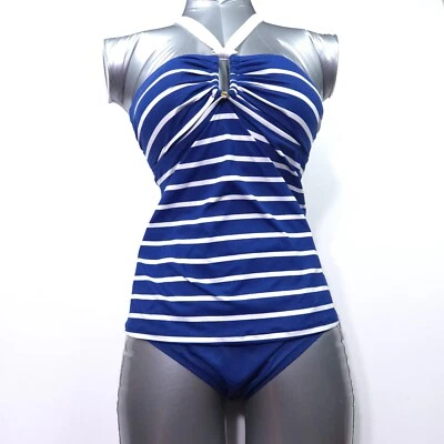 RALPH LAUREN WOMENS TANKINI HALTER SWIMSUIT -14- WHITE BLUE STRETCH 2-PIECE -NEW - Image 1 of 4