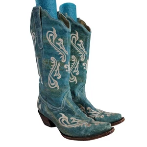 Stivali western da cowboy in pelle blu corallo ricamati taglia 9 cowgirl punta aperta - Foto 1 di 16