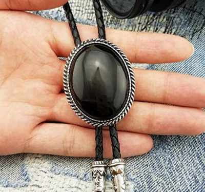 Colar de casamento preto ônix bolo gravata para homens padeiros noivos cowboy ocidental - Imagem 1 de 4