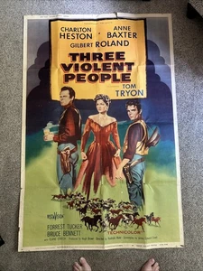 Three Violent People 1956 Charlton Heston Anne Baxter Original 40x60 Huge Poster - Picture 1 of 11